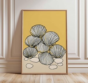 Seashell Line Art Print, Minimalist Coastal Wall Decor, Modern Beach Poster, Yellow and Cream Ocean Artwork, Scandinavian Style - Etsy UK
