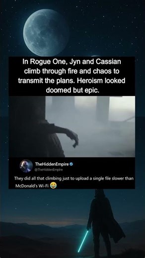 In Rogue One (2016), Jyn and Cassian climb the data tower.