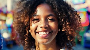 Joyful young woman smiling brightly in front of a vibrant amusement park