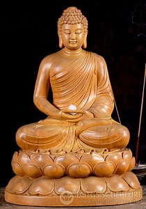 Hand Carved Wooden Buddha Statue Wearing Full Robes in Dhyana Mudra of Meditation 20"