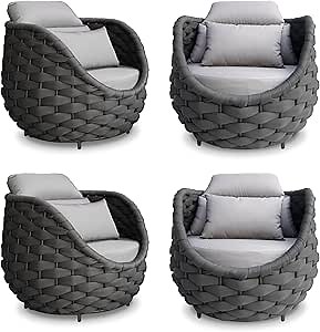 4 Pcs Woven Rope Outdoor Chair: Aluminum Patio Accent Chair with Arms - Assembled Cushioned Lounge Chair For 400lbs - Morden Porch Furniture Seating for Deck Balcony Garden Backyard Hotel Resort