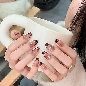Square long press-on nails, red French nails, acrylic nails, glossy nails, Reusable nails for girls and women 24pcs(B742-001, 12)