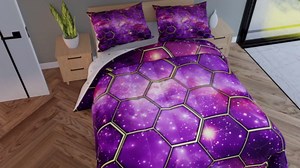Manfei Purple Galaxy Comforter Set King Size, Geometric Hexagon Print Bedding Set 3pcs, Starry Sky Honeycomb Space Down Comforter for All Season, Kids Boys Girls Room Decor, 2 Pillowcases