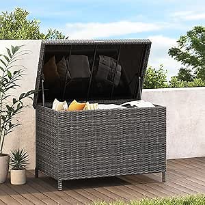 Grand patio 158 Gallon Deck Box,Outdoor Storage Box with Lid Large Wicker Storage Bin for Patio Furniture Cushions,Garden Tools,Pool Accessories, Brown