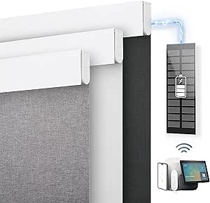 DENFOON Motorized Blinds with Remote control, Custom Blackout Smart Blinds [with Cover],Electric Blinds with Complimentary Solar Panel, Cordless Automatic Roller Shades for Windows (Grey，27"W x 72"H)