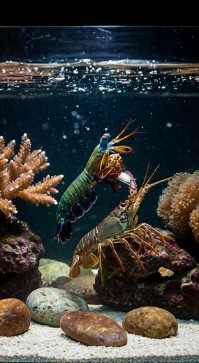 mantis shrimp punching a lobster #MantisShrimp #OceanFight #OnePunchShrimp #AquariumBattle | Fun Clip