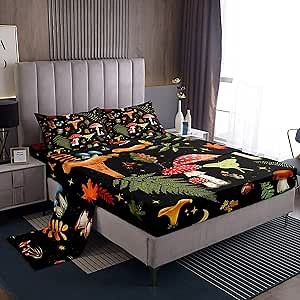 Mushroom Bed Sheet Lovely Cartoon Jungle Wild Plants Sheets for Kids Teens Adults Glitter Stars Outdoor Leaves Rustic Style Bedding Set with Flat,Fitted Sheet,1 Pillowcase Twin Size 3 Pcs