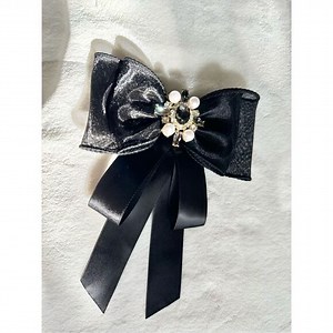 Black bow brooch with rhinestone and faux pearl