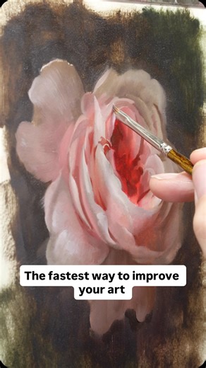 The best learning tool I know: 👀studying the masters 👩‍🎨 Copying great artworks is one of the most powerful (and underrated) ways to grow as a painter. I learn something every time I do a study like this copy of a rose by Willem van Aelst 🌹 When you study fromt he masters, you start to see how they solved problems, like how Willem van Aelst simplified this complex flower, organized the values, created a sense of form, and achieved all of this will a relatively simple palette 🎨 I love doing 