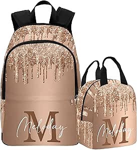 Custom Backpack for Kids, Personalized Golden Sparkle Glitter Initial Bag Schoolbag Casual Daypack Customized Name Lunch Box Bag Travel Laptop Bag Backpack for Daughter Son Teens Travel Picnic