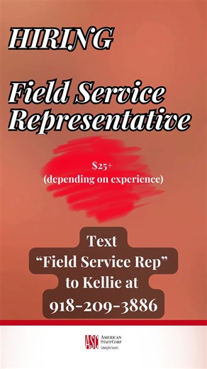 HIRING Field Service Representative $25+ depending on experience. Text “Field Service Rep” to Kellie at 918-209-3886 #fieldservices #travel #hiringjobs #jobopportunities2023 #TulsaJobs #Oklahoma #hiring #Staffing #AmericanStaffCorp #Jobopportunities #jobopp #hiringnow #claremorejobs #jobopening #claremoreoklahoma #pryorok #jobopportunity #jobseekers | American StaffCorp | Facebook