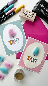 19 reactions | These fun YAY cards are the perfect addition to any celebration gift! Supplies needed: -Folded Card -Scalloped Flat Card -Cotton Candy Stickers -YAY rubber stamp -VersaMark clear ink pad -Heat Embossing Tool -Embossing Powder -Tombow Dual Brush Pastel Pens #diycard #cardmaking #yay #birthdaycard #graduationcard #congratscard #diy #papercrafts #diypapercrafts #papersource | Paper Source | Facebook