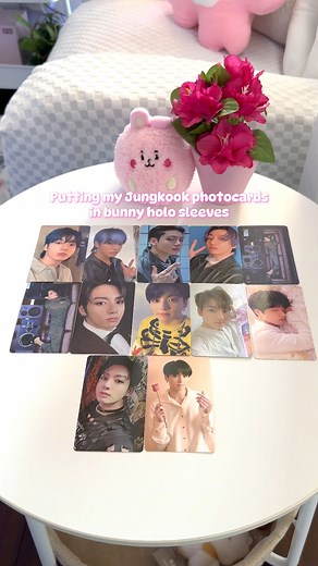 Are you a big Photocard collector or do you just keep what you get from the albums? 🎀 I don’t have a huge photocard collection because collecting them is way too expensive 😂 so I’m just having fun with what I have. I’m putting all my BTS photocards into holographic sleeves that suit each member ✨ For Jungkook, it’s these bunny holographic sleeves from @kpop.stationery 💜🐰__~ “Your presence can give happiness. I hope you remember that.” ~ Jin 🌷****#btsarmyworld #kpopphotocards #btsphotocard #