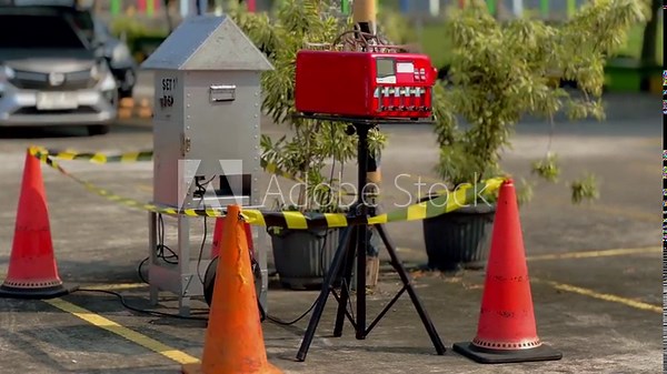 Impinger and HVAS (High Volume Air Sampler). An air quality checking device installed outside the room and surrounded by warning sign tape.
