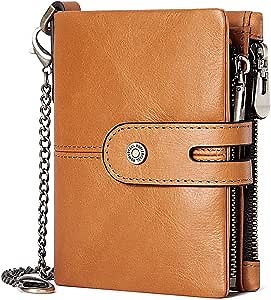 Wallet with Chain for Men Genuine Leather Bifold RFID Blocking Purse Double Zipper Wallet with Coin Pocket (Brown)