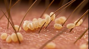 Extreme close-up shows many nits attached to hairs on human skin, macro view