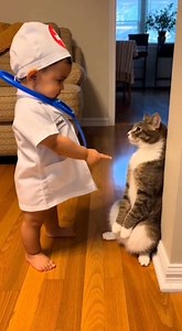 Doctor Baby Bindas Warning the Cat 😂🐱👶 | Real Home Comedy Video Posted by Animal Laugh World Get ready for the most adorable and funniest real moment! 🤣❤️ A cute baby wearing a tiny doctor uniform is standing in the living room, acting extremely serious like a real doctor on duty. He points his small finger at a real cat, who is already standing on her two back legs, pressed tightly against the wall in a scared, guilty pose — like she has been caught red-handed! 🐱😳👶 The baby scolds her in