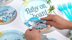 Grencian 96 Pcs Surf Baby Shower Decorations Baby On Board Shower Plates and Napkins Disposable Surfboard Tableware Set for Summer Wave Beach Surfing Party Supplies Hawaiian Birthday Decor Serves 24