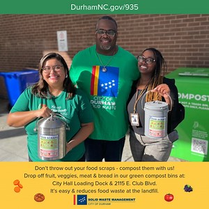 Don't trash food scraps! We'll turn them into compost. Put fruit, veggies, meat & bread in our green drop off containers. Visit City Hall or the Waste Disposal & Recycling Center. Scan the QR code on the container or visit DurhamNC.gov/935 for instructions. | City of Durham, NC Government