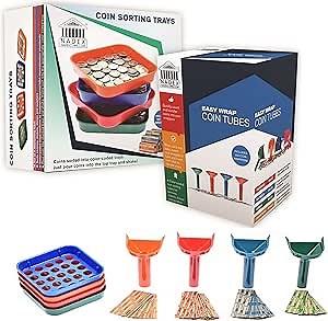 Nadex Sort and Wrap Set-4 Wrap Coin Tubes and 4 Quick Sort Coin Trays, Color-Coded (with Wrappers)
