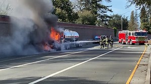 The cab of a tanker truck caught fire on a Hwy. 101 off-ramp in Santa Rosa on Tuesday, March 23, 2021. The fire was under control about 10 minutes after it was reported to the CHP. More details here: https://bit.ly/3vVn47m (Video by Kent Porter) | Press Democrat