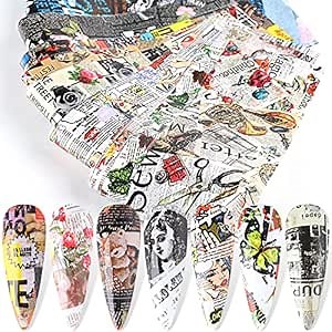 Holographic Nail Foil Transfer Stickers Decals Decoration, Magazine Flowers Nail Art Design Acrylic Nails Supplies for Nail Transfer Glue Polish, Fingernail and Toenail Manicure DIY Film (10 Sheets)