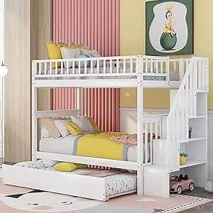 Harper & Bright Designs Bunk Beds Twin Over Twin Size, Solid Wood Bunk Bed with Trundle for Kids and Toddler (White Bunk Beds with Trundle)