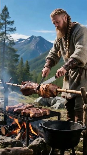 Viking Warrior Grilling Meat Over Open Fire in the Mountains