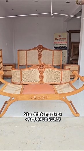 Wooden Classic Bed With Intricate Cane Work by Star Enterprises Furniture. #bed #woodenbed #teakbed #boxbed #maharajabed #luxurybed #antiquebed #designerbed #teakwoodbed #beddesign #starenterprisesfurniture #italianbed #europeanbed #canework #woodcarving #chestofdrawers #bedsidetable #bedbench #handcrafted #homedecoration #luxury #carving #antique #bedwithsidetable #boxbed #kingsizebed #bench #classic #sidetable For more information, please contact us on: - 91-9897067223 | Star Enterprises decor