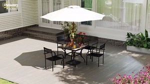 Outsunny Outdoor Dining Table for 4 People, 37" Square Patio Table with Umbrella Hole, Storage Shelf and Faux Wood Top, Metal Frame Outdoor Furniture for Garden, Backyard, Deck, Gray