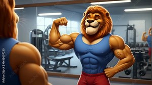Cartoon lion flexing muscles in a gym mirror, admiring its physique.