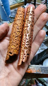 39 reactions | Design in Fusion -> 3D Print on Form3 -> Clean & Cure -> Hand-paint with electrically conductive paint, and wire model -> Electroform copper over 3D Printed form (left, shown, completed) -> Thread the 3D form under the metal that's now become the cap liner -> Refine shape on wood lathe and sand for a very long time (right, shown, completed.) About 1/3 of the way done on just the cap. The bodies involve machining titanium and a lot swearing. | Abigail M Markov | Facebook