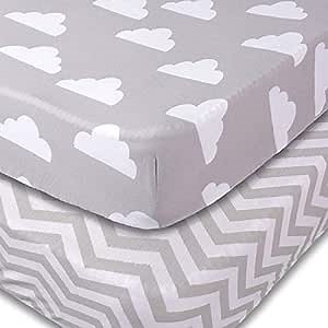 Crib Sheets, 2 Pack Unisex Clouds and Chevron Fitted Soft Jersey Cotton Bedding