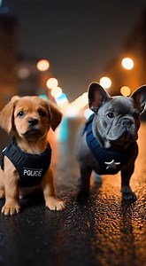 Cute Puppy Cops at Night Patrol Prompt Realistic night patrol scene with two real puppies wearing | Cute Puppy Cops