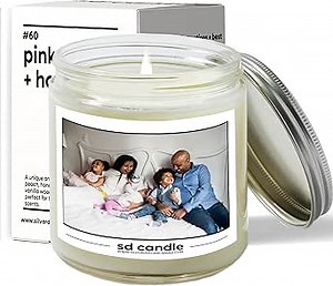 Personalized Photo Candle - Pink Amber & Honey Soy Candle - Juicy Peach, Zesty Mandarin, Rich Honey, Blooming Gardenia, Warm Vanilla Woods - Inviting & Elegant Home Scent - 16oz Clear Jar + Silver Lid