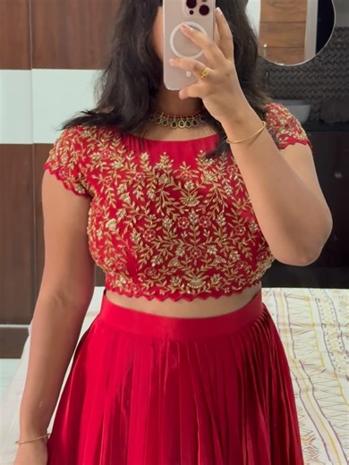 Patlola manisha on Instagram: "Price :6500/-Fully stitched DM FOR ORDERS 💌 ✨ Product Name: Ruby Royale Embroidered Lehenga Set 🎨 Colour: Deep Crimson Red ⸻ Blouse Fabric & Work: The blouse is crafted from premium crepe in a rich crimson red shade. It is beautifully adorned with intricate antique gold floral embroidery spread evenly across the bodice, giving a regal and festive appeal. Designed with a classic round neckline and cap sleeves, the blouse is finished with delicate sca