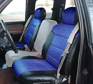Iggee Artificial Leather Custom Made Original fit 2 Front seat Covers Designed for Chevy Silverado 2003-2006 (Black/Blue)