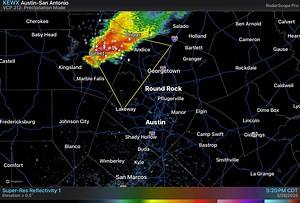 **This post is now out of date. Please see the most recent posts for the latest information.** May 28th, 5:42 PM: A severe thunderstorm is tracking southeast at 30 mph and is likely producing large hail up to baseball sized and damaging wind gusts up to 60 mph. A brief tornado cannot be ruled out with this storm as it continues to move towards the I-35 corridor. | US National Weather Service Austin-San Antonio Texas