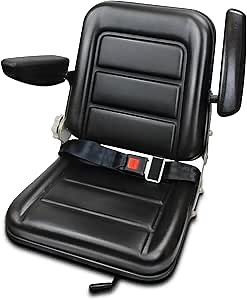 Universal Tractor Seat Mower Seat Forklift Seat Foldable PVC Black Seat with Safety Belt Armrest,45°-180° Adjustable Backrest,0-90° Armrests,Slide for Lawn Mover Excavat Tractor Forklift