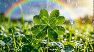 Green four leaf clover growing in a meadow during a rain shower with a vivid rainbow