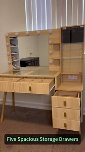 GOODONE 48" Fluted Dressing Table with Large 25" Mirror Bulb Lights, Glass Top Makeup Vanity Desk with 5 Drawers Display Cabinet Furniture Clearance Outlet for Bedroom,48*15.7*53.9 in(Natural Oak)