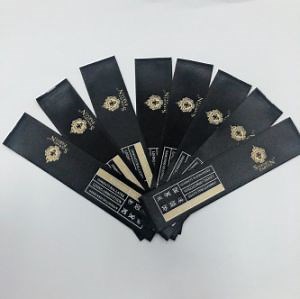 [Hot Item] Gold Logo Printed Garment Accessories Washing Care Cusom Black Satin Label