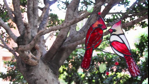 Bird Stained Glass Suncatcher Cardinals on Branch Window Hanging Ornament Panel Wall Decor Colorful Glass Leaves Plant Christmas Thanksgiving Gift for Women 9” * 5.5”, Medium, Red