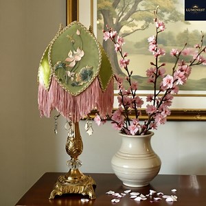 Vintage Copper Table Lamp With Hand-embroidered Green Lotus Shade and Fringe, Classic Home Decor - Etsy Canada