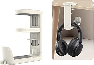 Rotating Adjustable Arm Clamp Headphone Holder - PC Gaming Headset Stand, Adjustable Clamp-on Headphone Holder, Headset Hanger Hook Under Desk with 360 Degree Swivel & Cable Clip Organizer - White