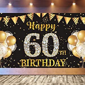 60th Birthday Backdrop Banner, Large Fabric Happy Birthday Banner Sign, Black and Gold Party Decorations for Men Women, 60th Birthday Anniversary Celebration Photo Booth Backdrop 71 * 43 inch PHXEY