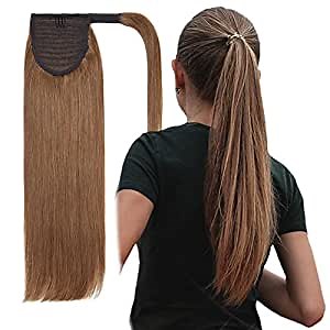 Ponytail Extension Human Hair Wrap Around Drawstring Real Remy Hair Ponytail Natural Long Straight Pony Tail for Women Kids Clip in Hairpiece Light Brown 14 Inch 80g