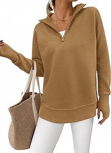 PRETTYGARDEN Womens Long Sleeve Quarter Zip Pullover Sweater Casual Loose V Neck Collared Ribbed Knit Jumper Tops Thumb Hole