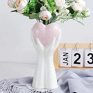 Hand vase Heart vases for Flowers Heart Shaped vase Human Heart vase Heart Flower vase Hand Statue,Hand Sculpture Hand Decor White vase Pink Aesthetic Room Decor for Women Gift for Sister 9''