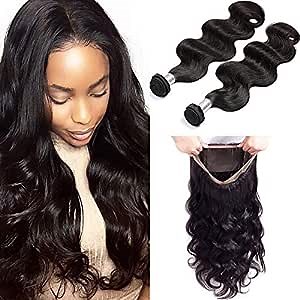 Hair 8A Grade 360 Lace Frontal Closure with Bundles with 360 Closure Pre Plucked Natural Color Unprocessed Virgin Human Hair (16 18 +14 (360frontal）)